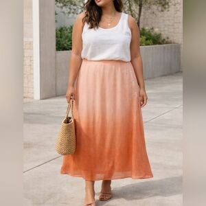 Career Elements Ombre Peach Coral Skirt Rayon Cotton Lightweight Summer Midi
